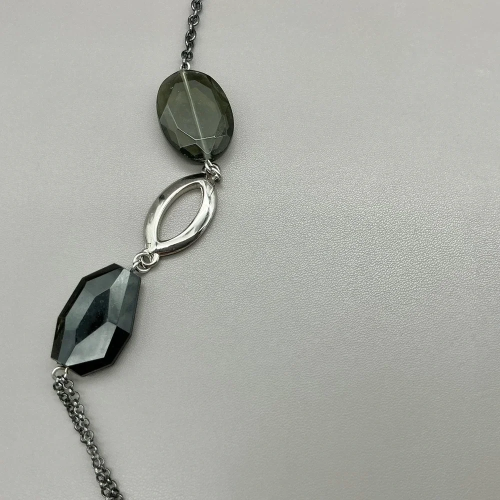 Lia Sophia Necklace Black Silver Tone Geometric Rhinestone Long Statement Chain